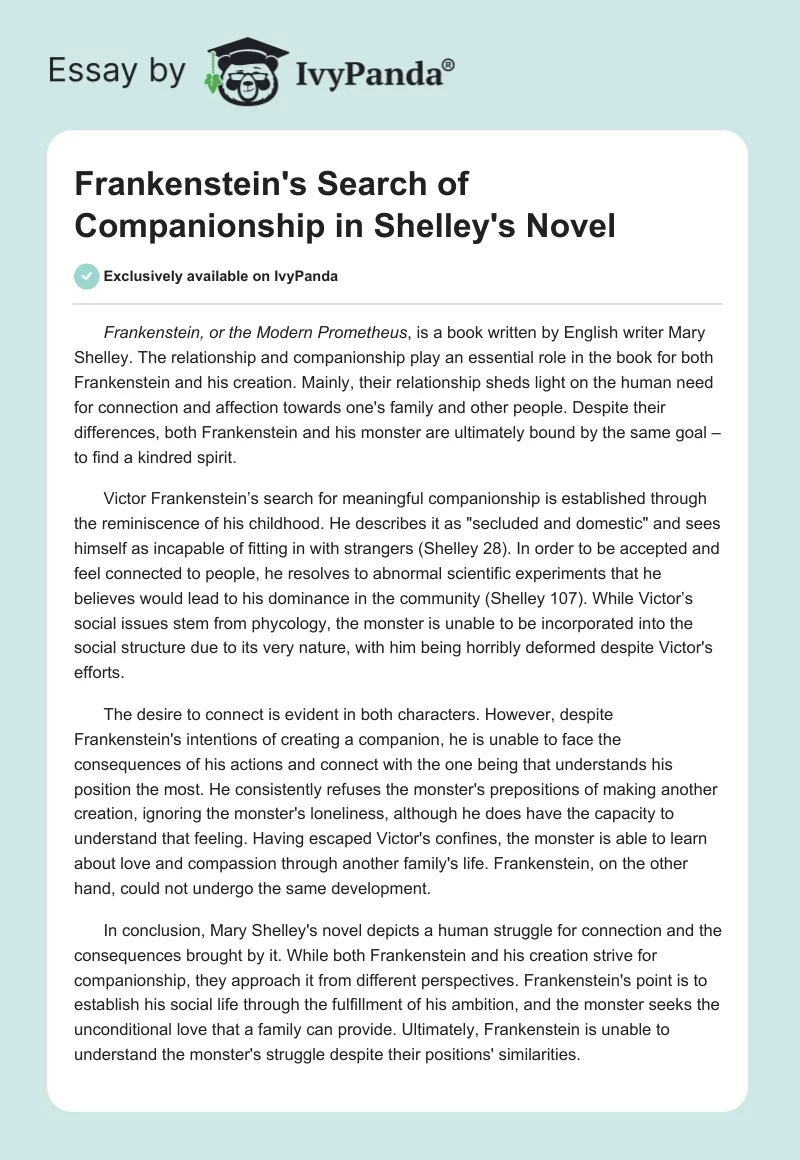 Frankenstein's Search of Companionship in Shelley's Novel. Page 1