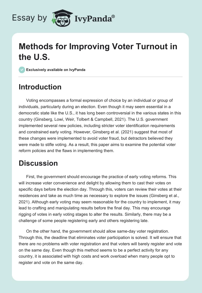 Methods for Improving Voter Turnout in the U.S.. Page 1