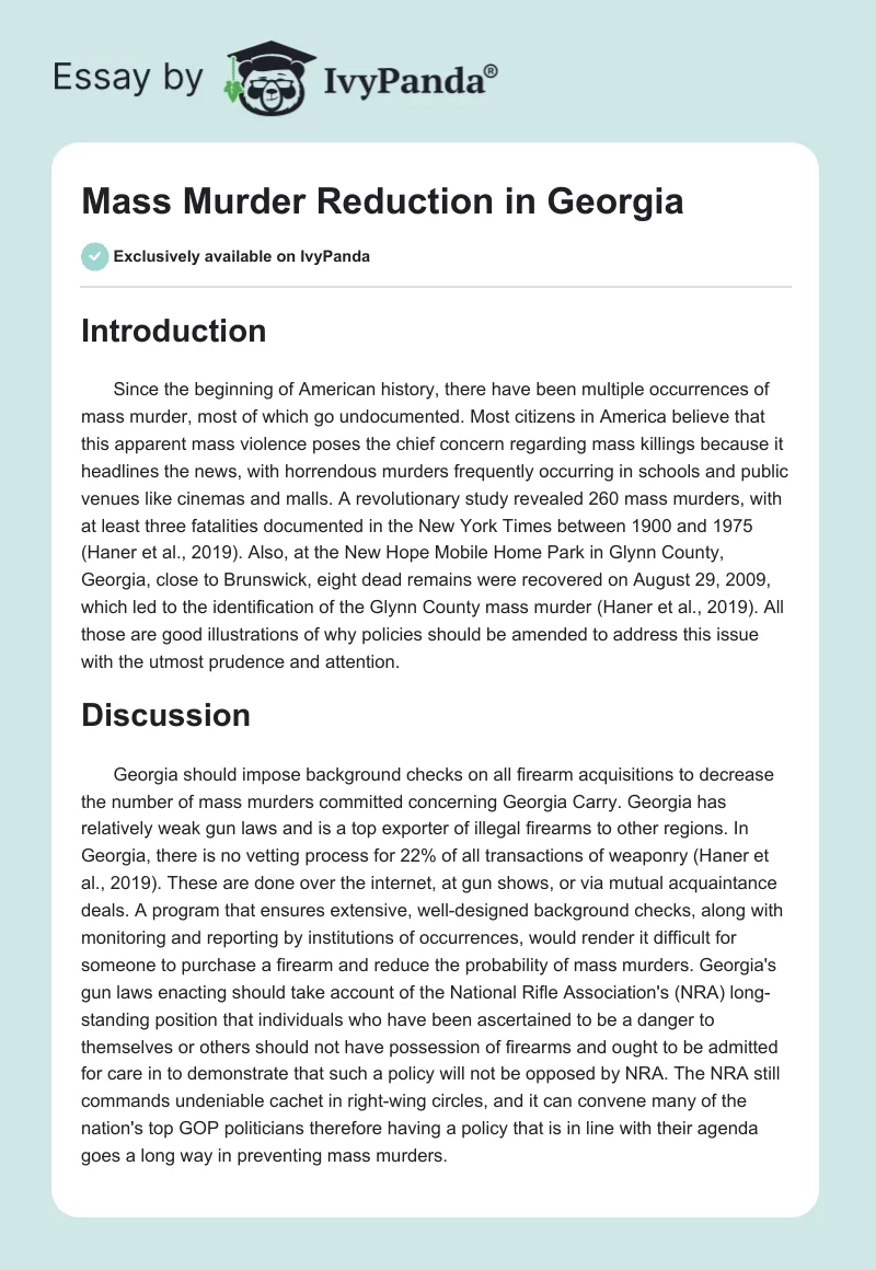 Mass Murder Reduction in Georgia. Page 1