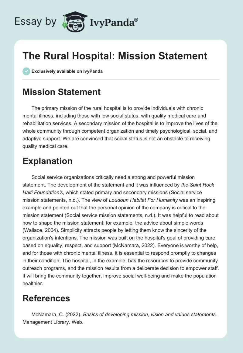 The Rural Hospital: Mission Statement. Page 1
