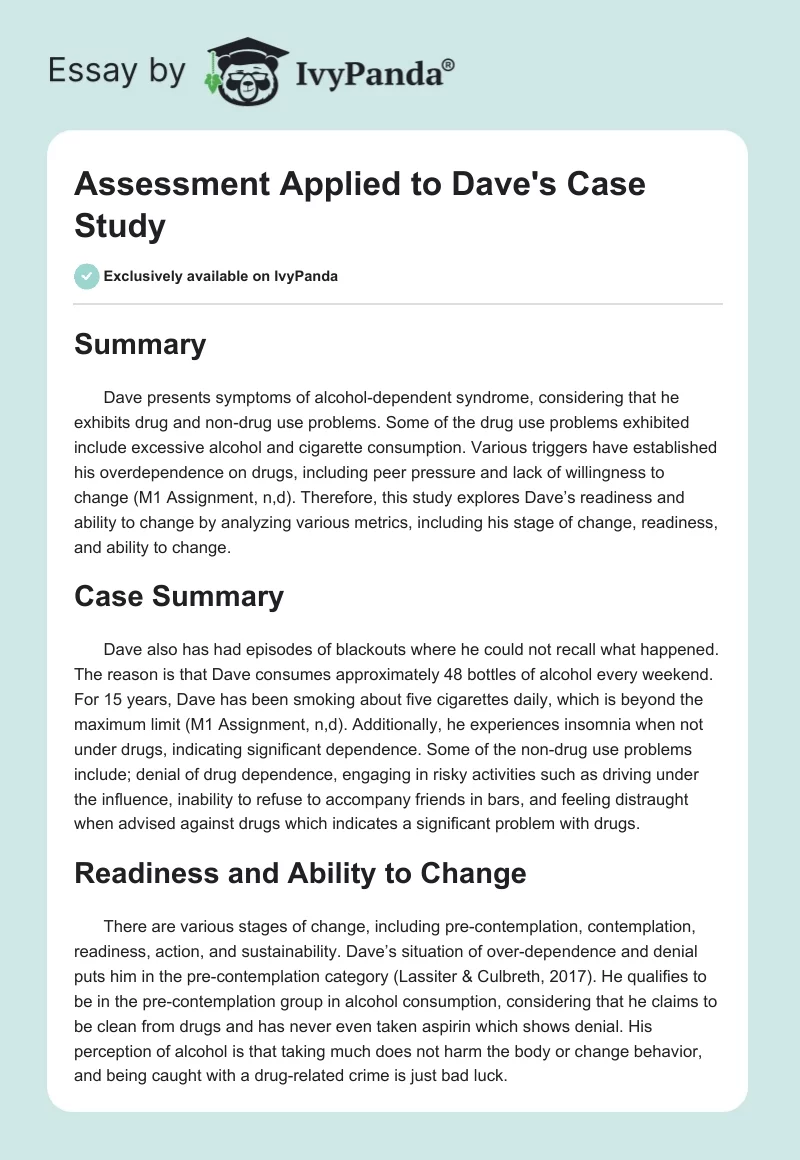 Assessment Applied to Dave's Case Study. Page 1