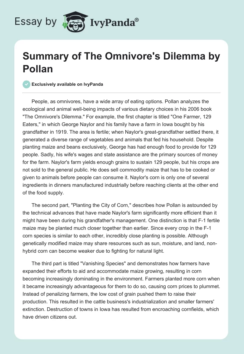 Summary of "The Omnivore's Dilemma" by Pollan. Page 1