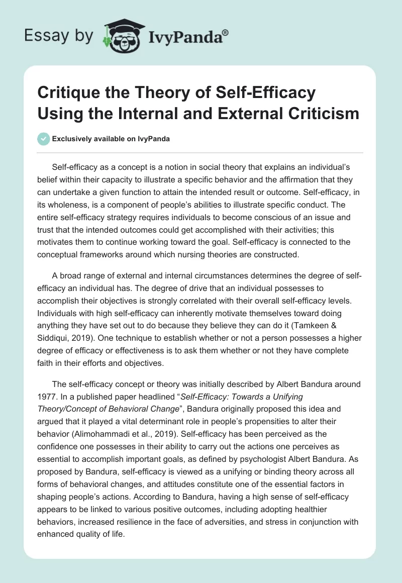 Critique the Theory of Self-Efficacy Using the Internal and External Criticism. Page 1
