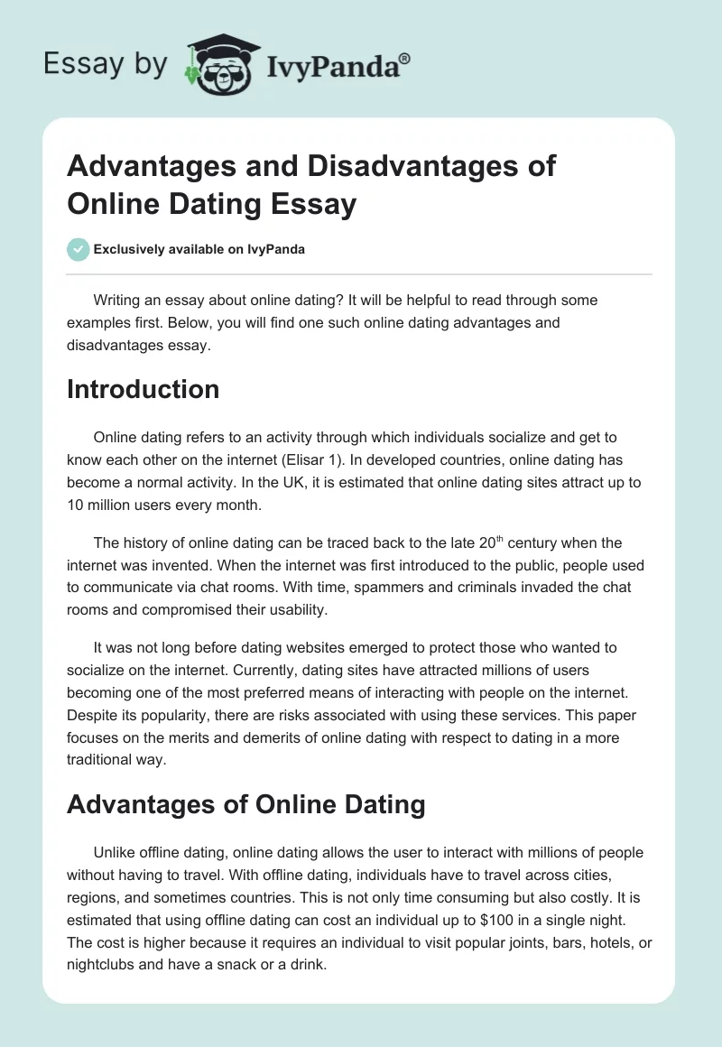Advantages and Disadvantages of Online Dating Essay. Page 1