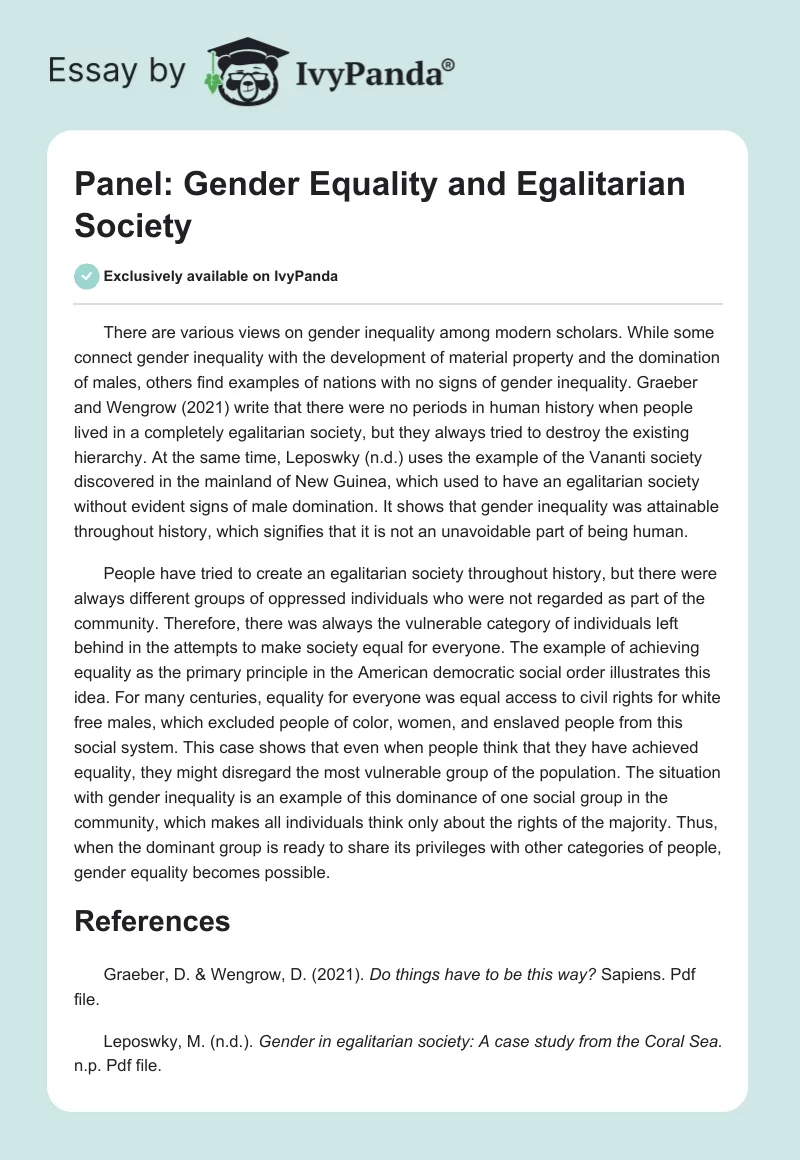 Panel: Gender Equality and Egalitarian Society. Page 1
