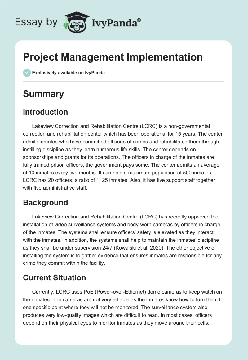 Project Management Implementation. Page 1