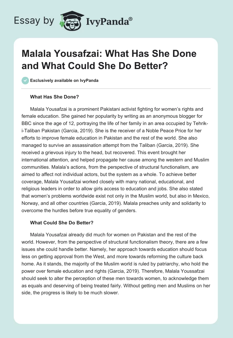 Malala Yousafzai: What Has She Done and What Could She Do Better?. Page 1