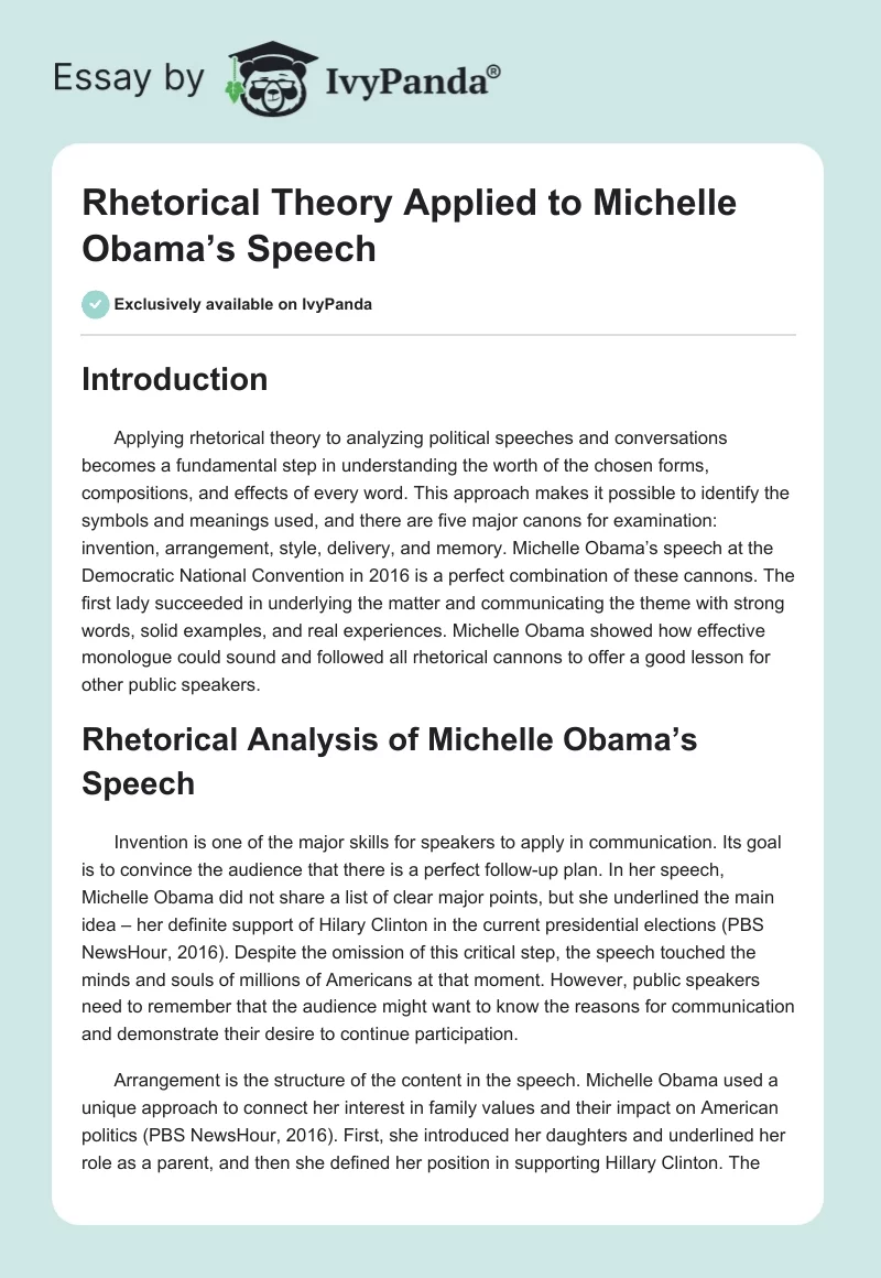 Rhetorical Theory Applied to Michelle Obama’s Speech. Page 1