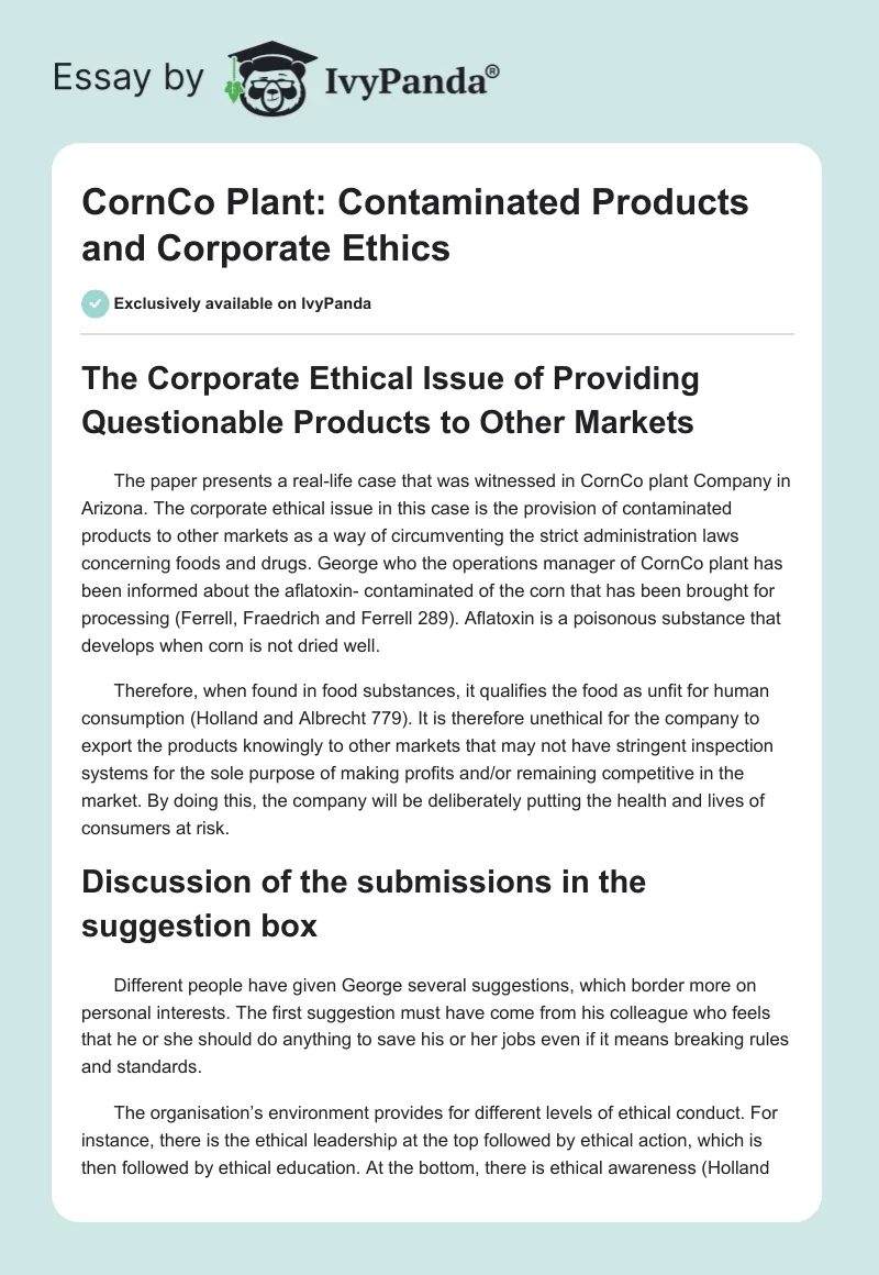 CornCo Plant: Contaminated Products and Corporate Ethics. Page 1