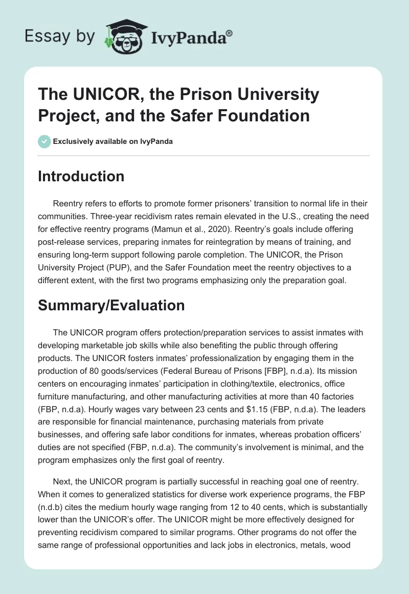 The UNICOR, the Prison University Project, and the Safer Foundation. Page 1