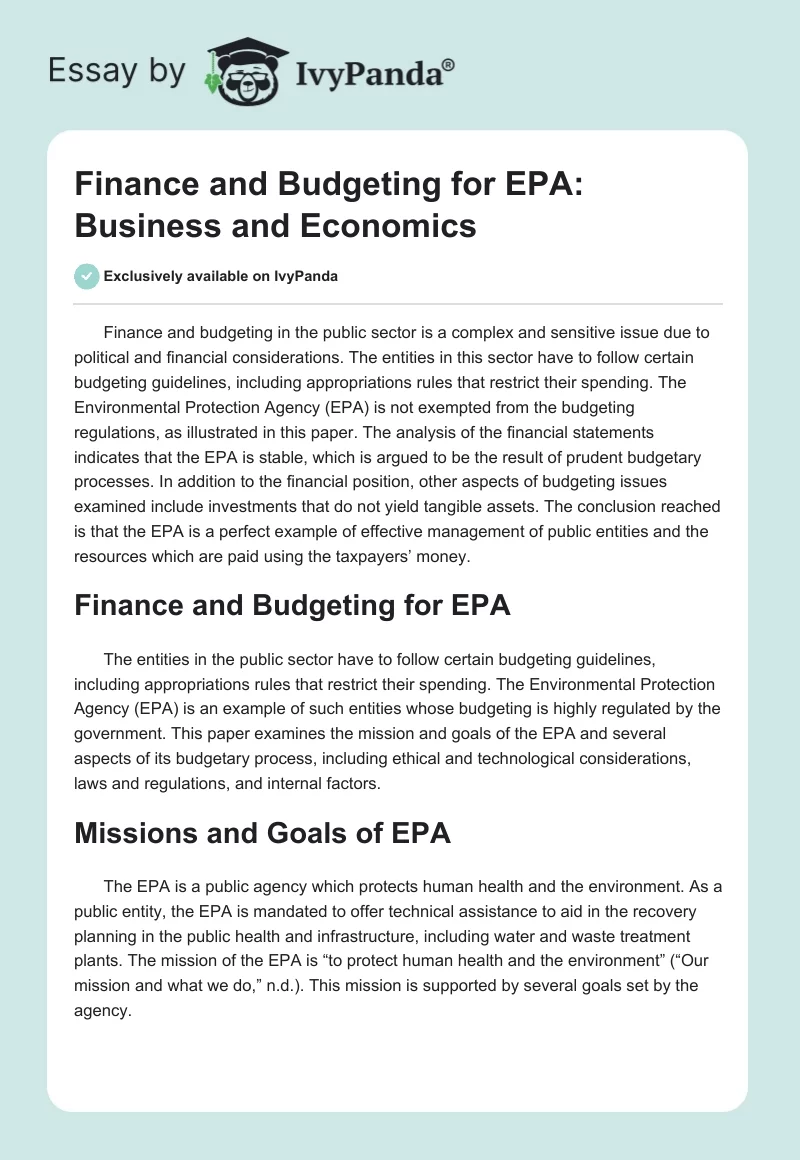 Finance and Budgeting for EPA: Business and Economics. Page 1