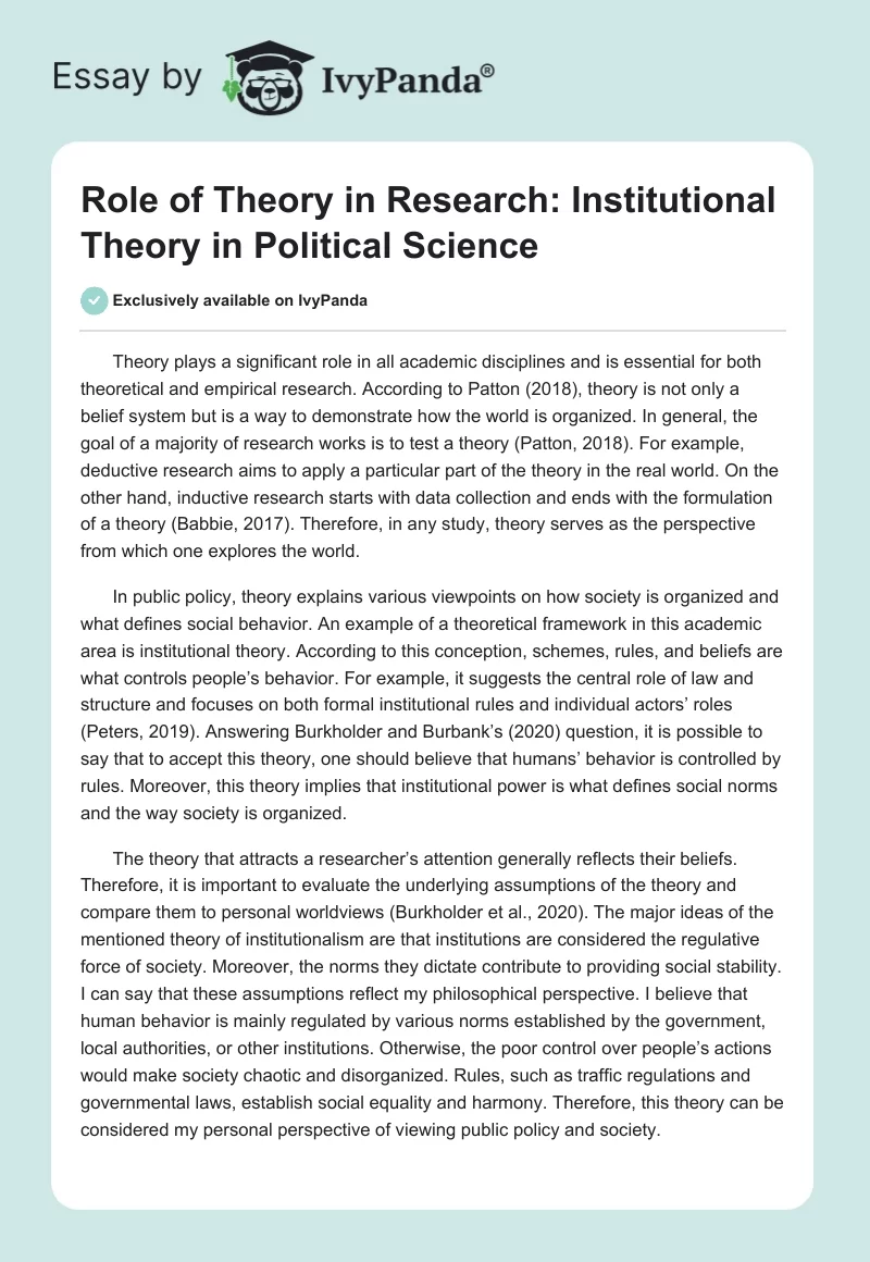 Role of Theory in Research: Institutional Theory in Political Science. Page 1