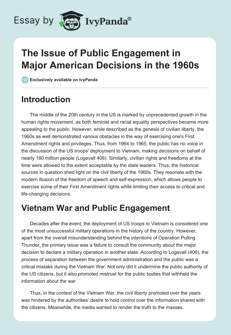 The Issue of Public Engagement in Major American Decisions in the 1960s. Page 1