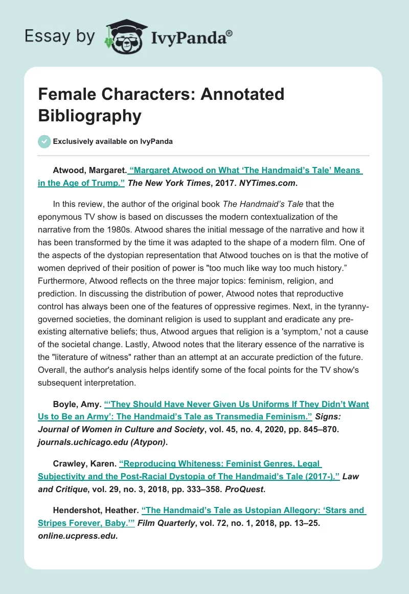 Female Characters: Annotated Bibliography. Page 1