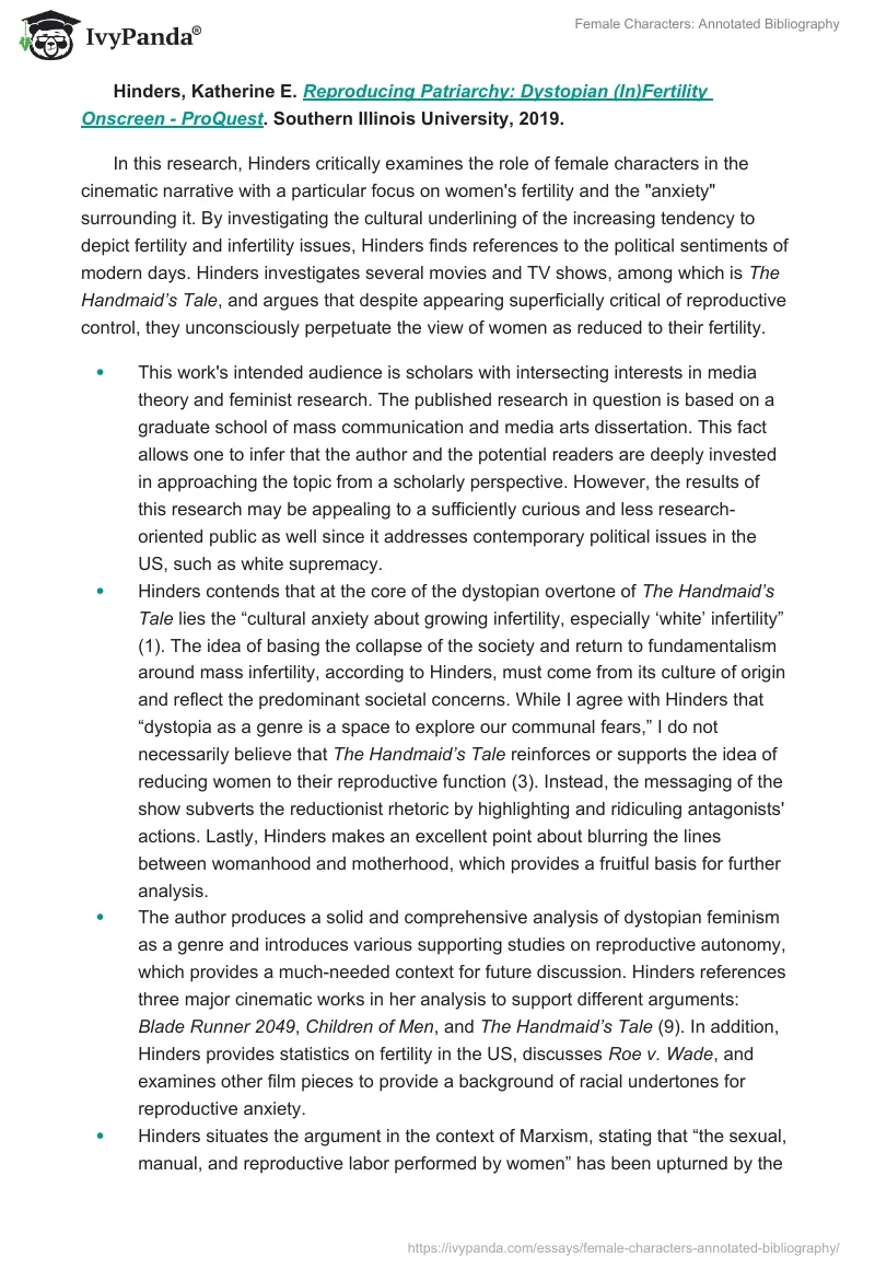 Female Characters: Annotated Bibliography. Page 2