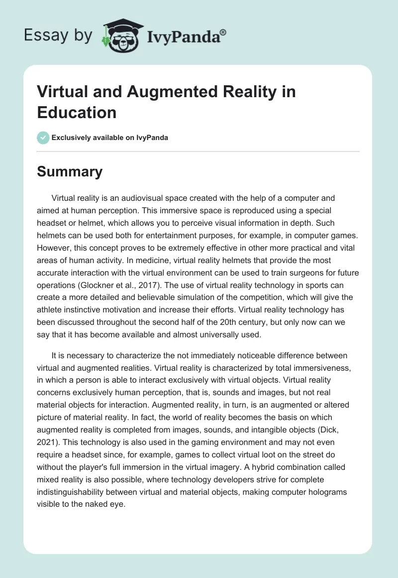 Virtual and Augmented Reality in Education. Page 1