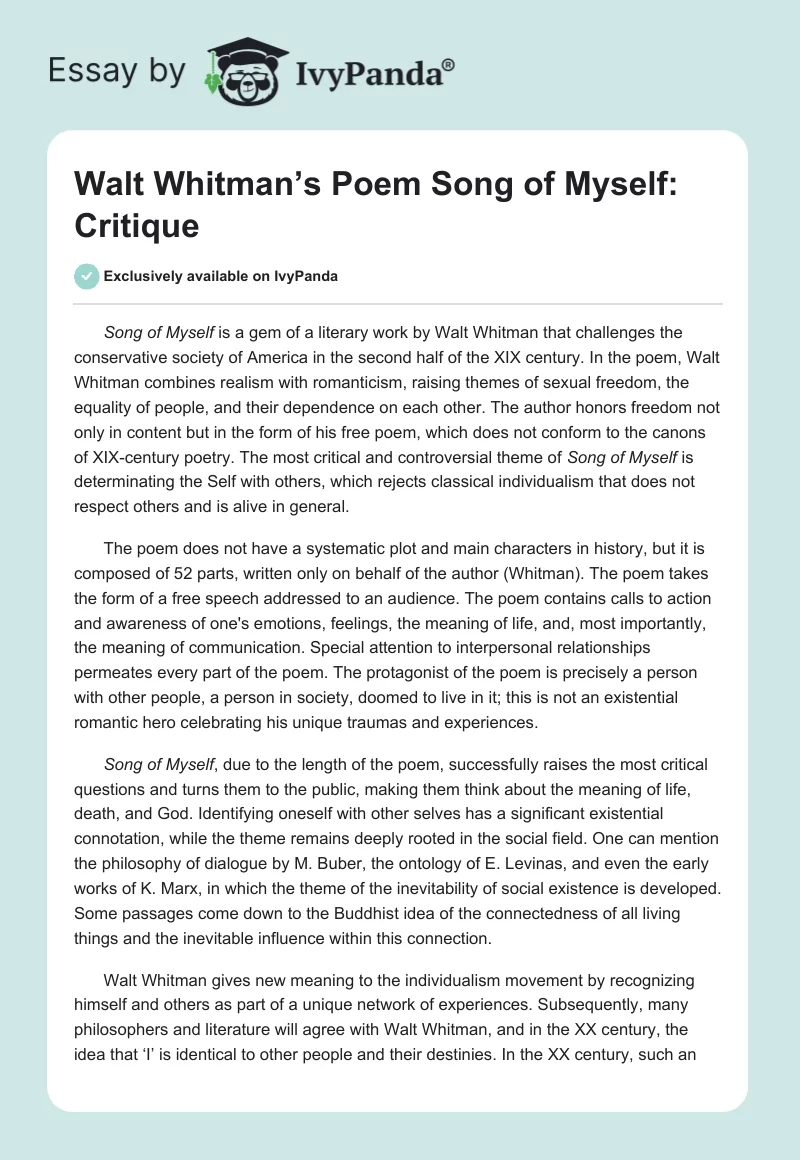 Walt Whitman’s Poem "Song of Myself": Critique. Page 1