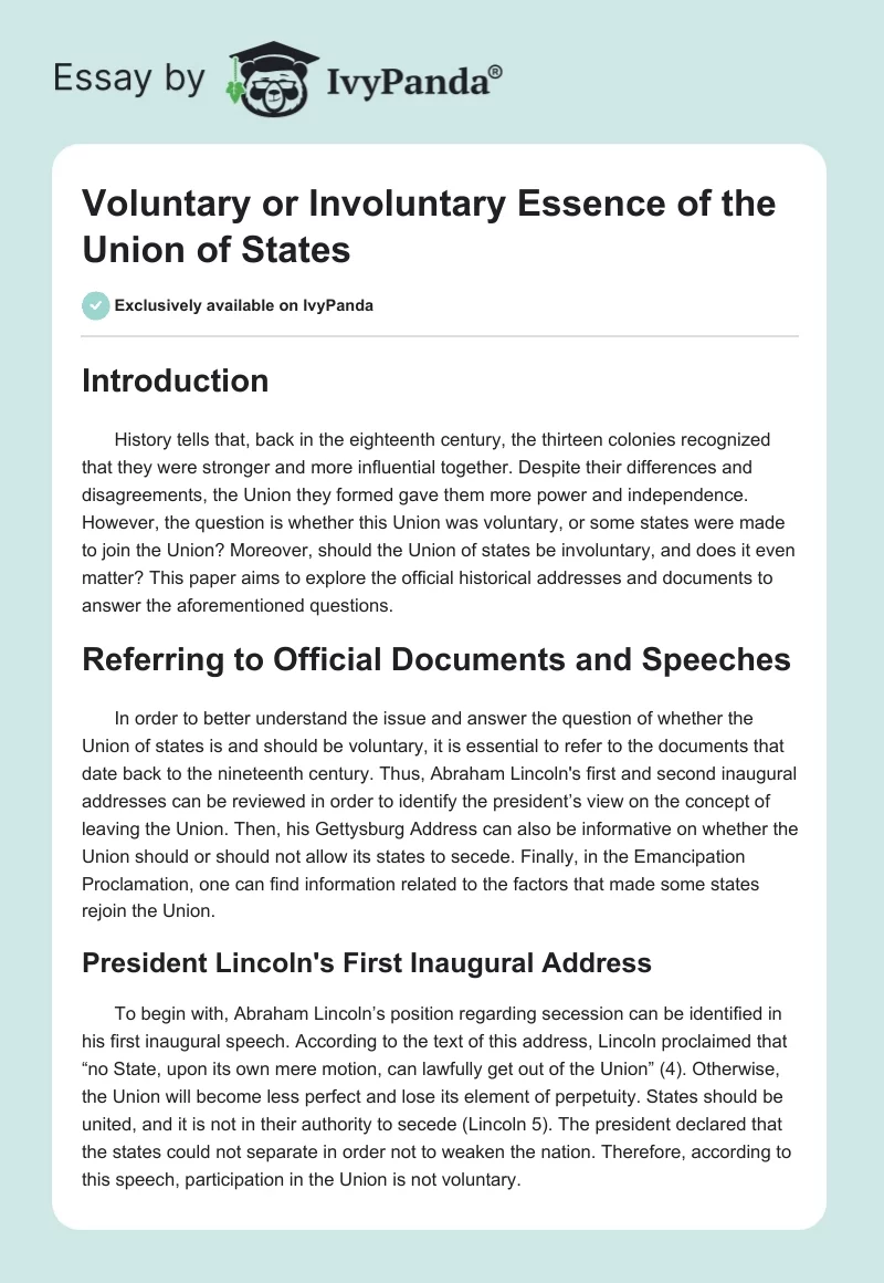 Voluntary or Involuntary Essence of the Union of States. Page 1