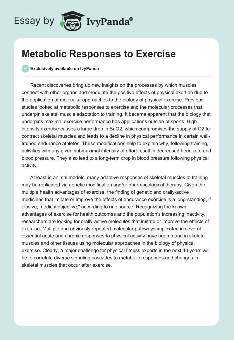 Metabolic Responses to Exercise. Page 1