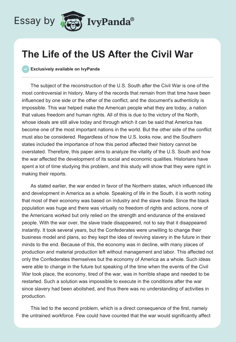 The Life of the US After the Civil War. Page 1