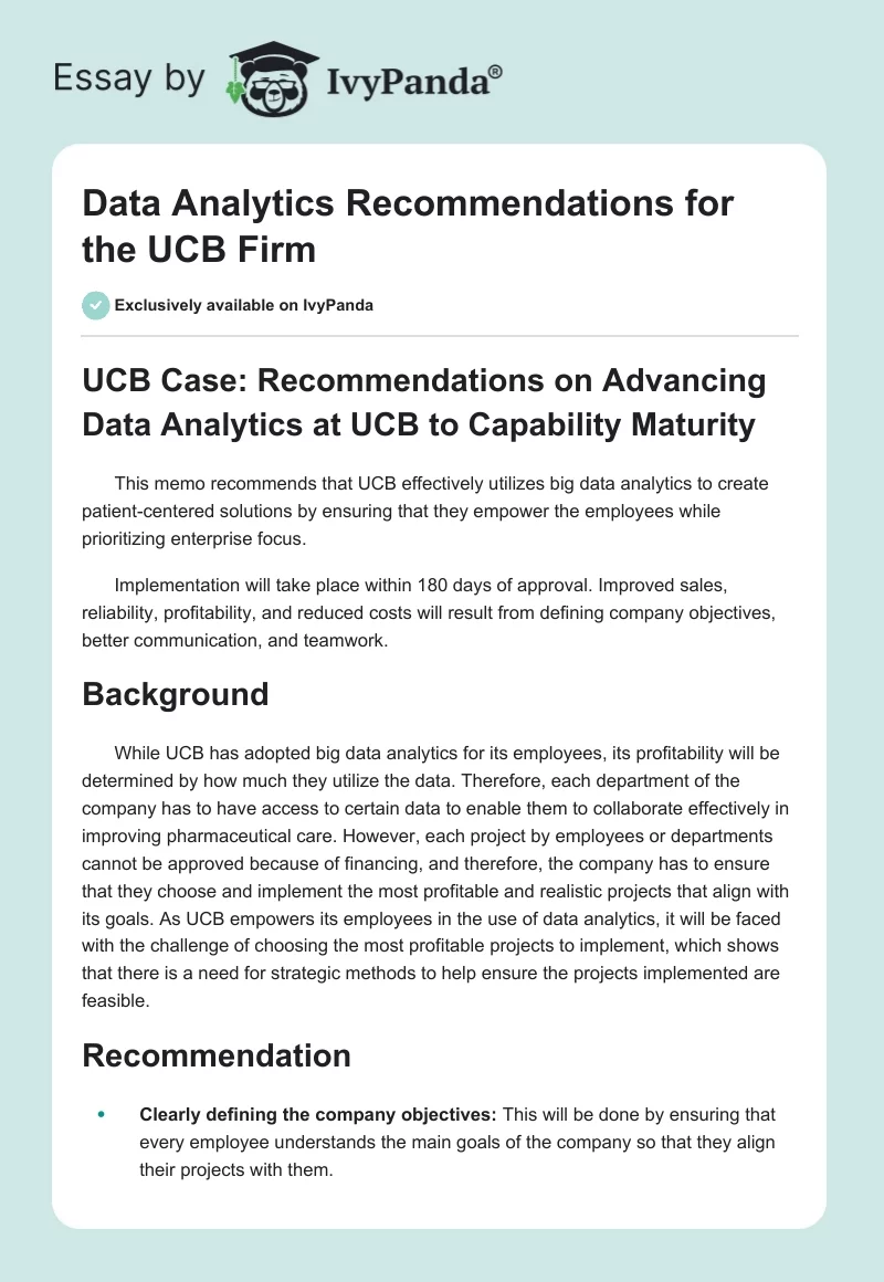 Data Analytics Recommendations for the UCB Firm. Page 1