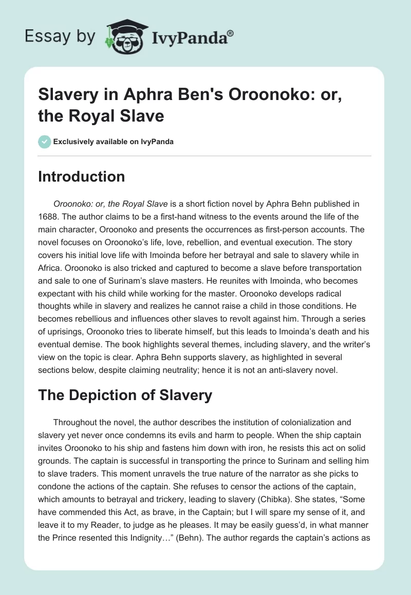 Slavery in Aphra Ben's Oroonoko: or, the Royal Slave. Page 1
