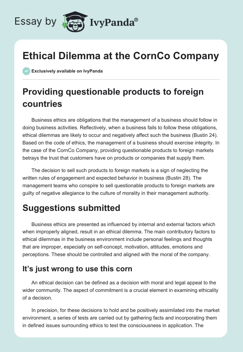 Ethical Dilemma at the CornCo Company. Page 1