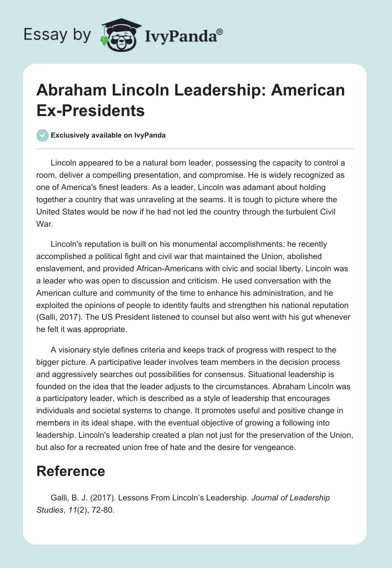 Abraham Lincoln Leadership: American Ex-Presidents. Page 1