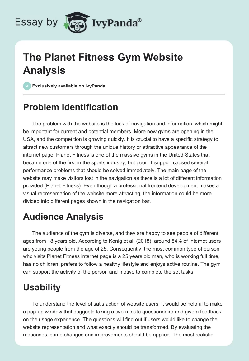 The Planet Fitness Gym Website Analysis. Page 1
