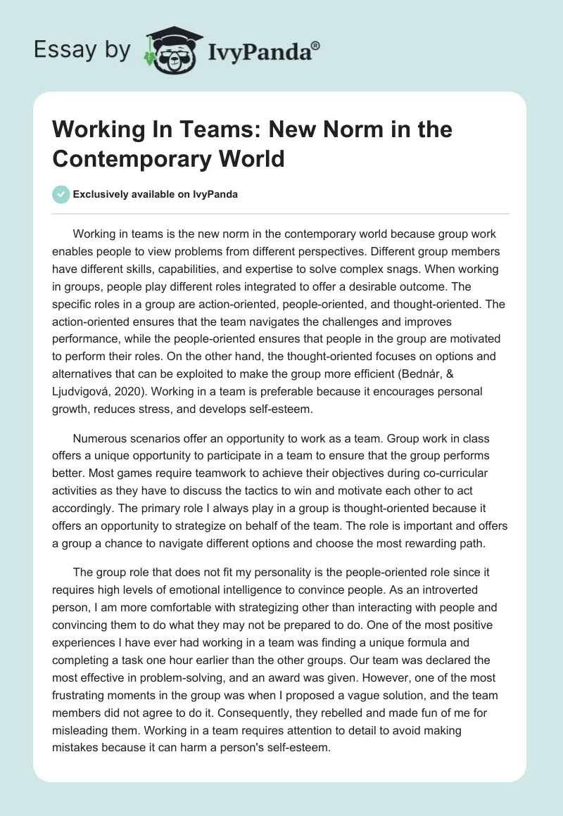 Working In Teams: New Norm in the Contemporary World. Page 1