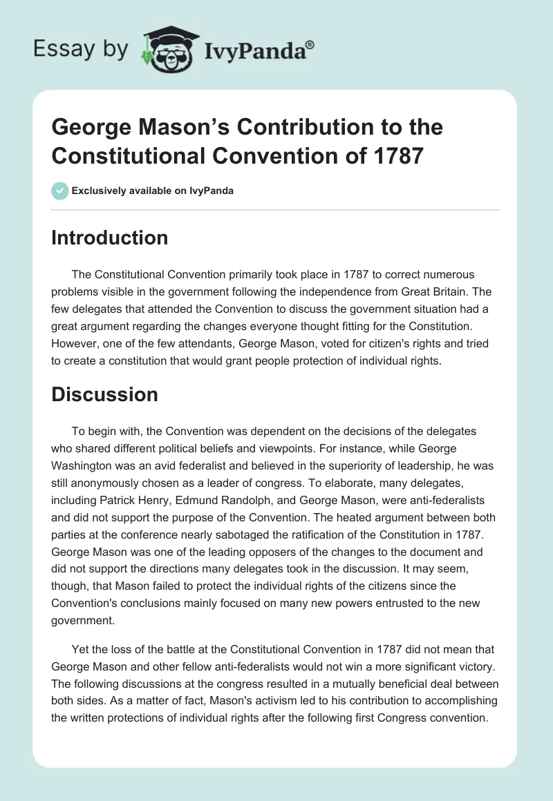 George Mason’s Contribution to the Constitutional Convention of 1787. Page 1