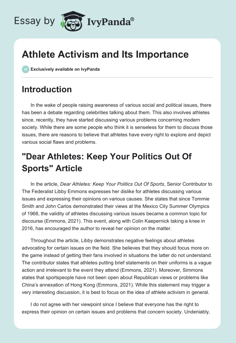 Athlete Activism and Its Importance. Page 1