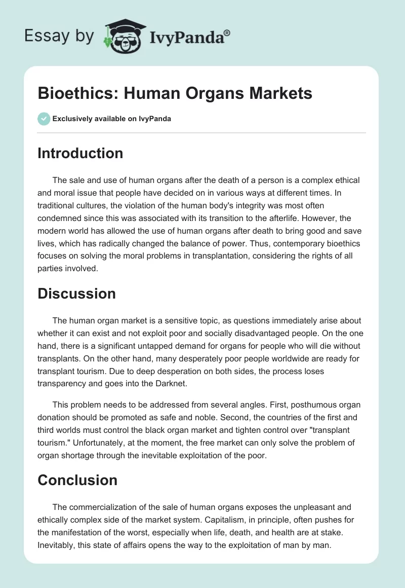 Bioethics: Human Organs Markets. Page 1