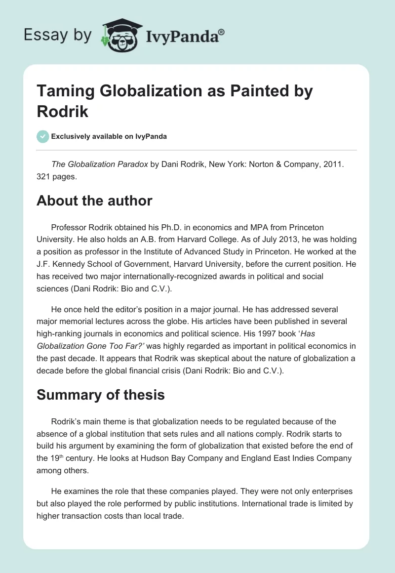 Taming Globalization as Painted by Rodrik. Page 1