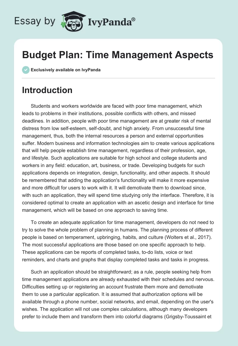 Budget Plan: Time Management Aspects. Page 1