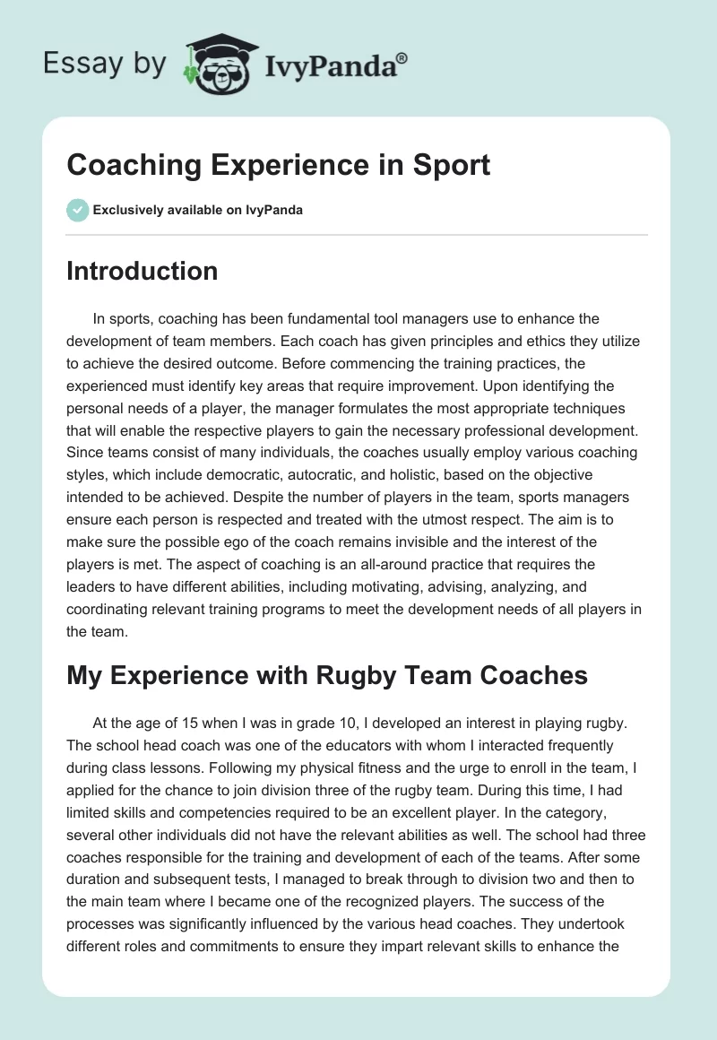 Coaching Experience in Sport. Page 1