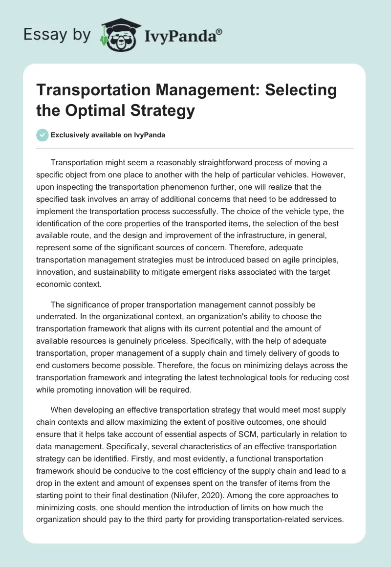 Transportation Management: Selecting the Optimal Strategy. Page 1