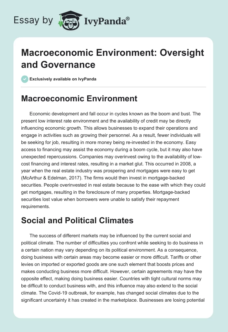 Macroeconomic Environment: Oversight and Governance. Page 1