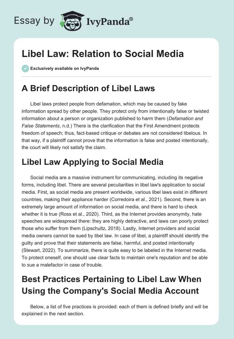 Libel Law: Relation to Social Media. Page 1