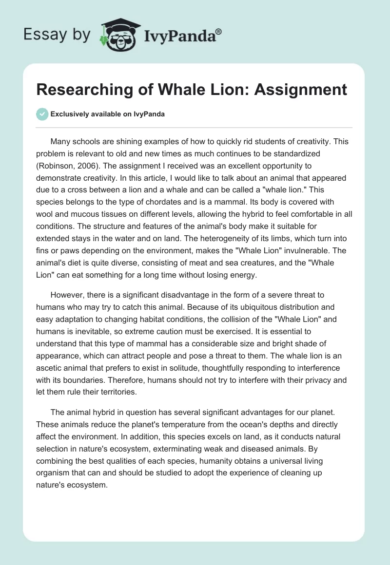Researching of Whale Lion: Assignment. Page 1