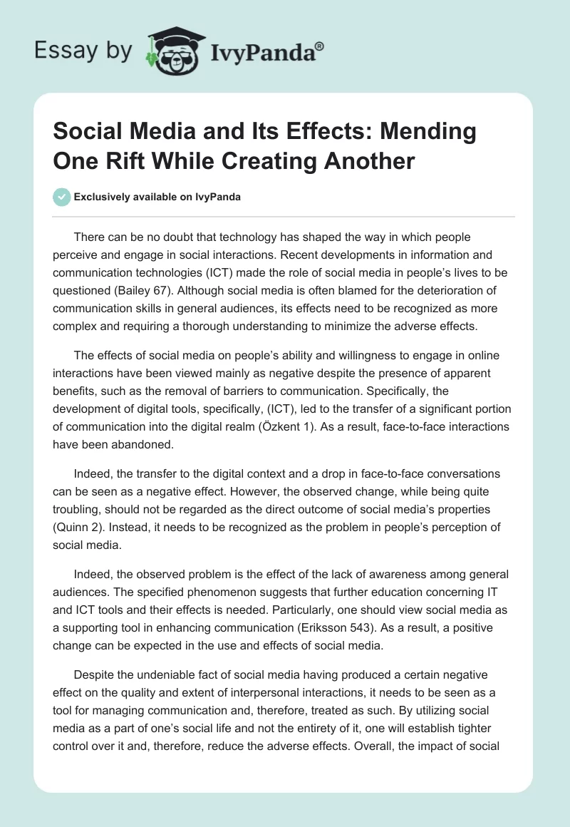 Social Media and Its Effects: Mending One Rift While Creating Another. Page 1