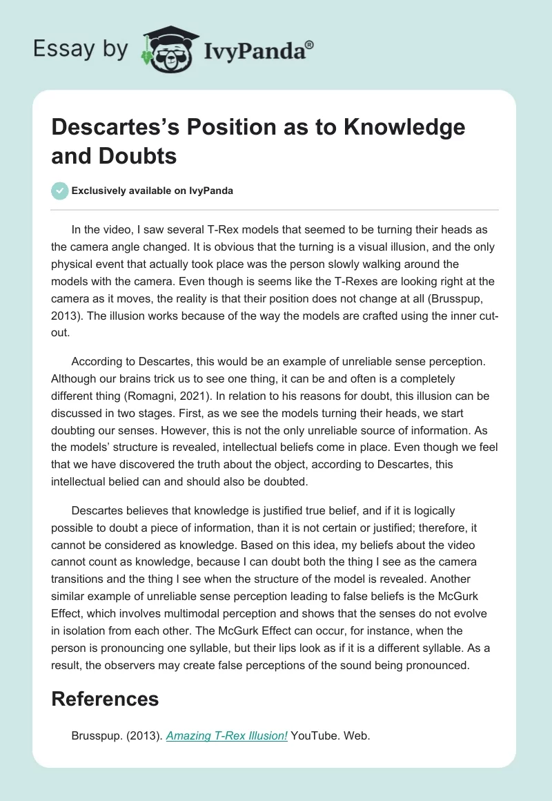 Descartes’s Position as to Knowledge and Doubts. Page 1