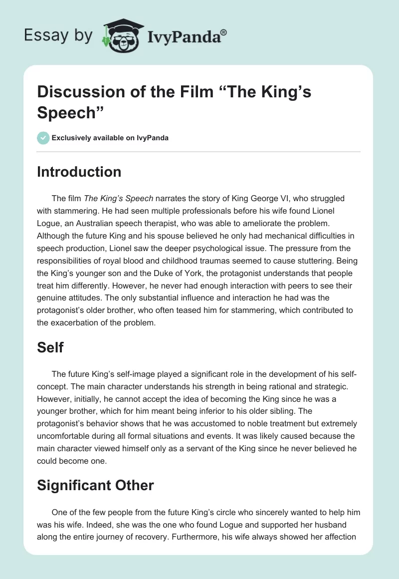 Discussion of the Film “The King’s Speech”. Page 1