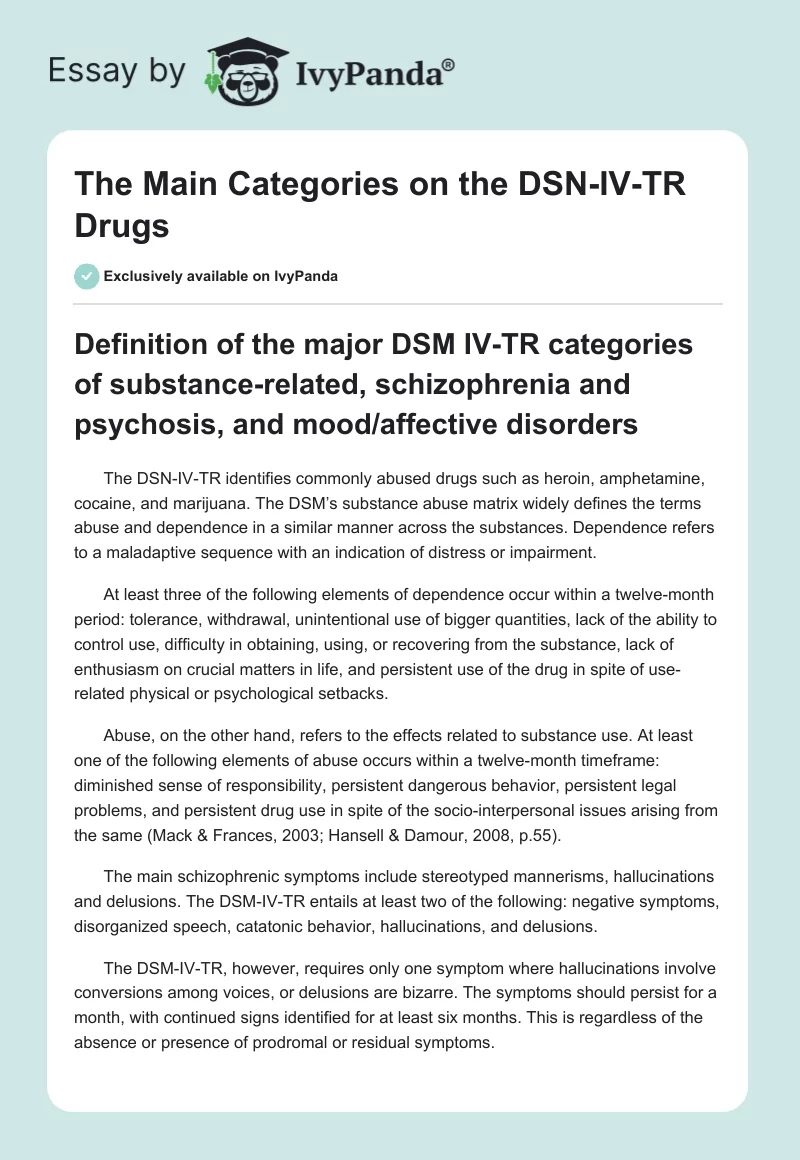 The Main Categories on the DSN-IV-TR Drugs. Page 1