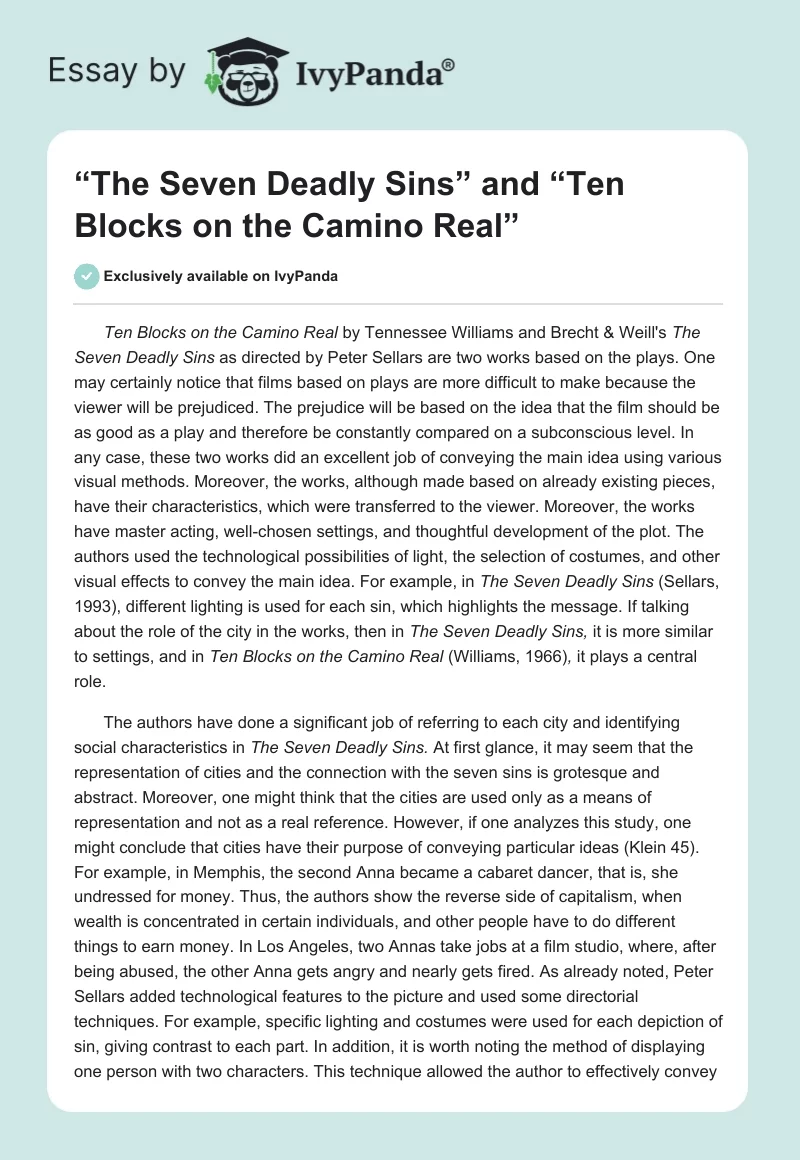 “The Seven Deadly Sins” and “Ten Blocks on the Camino Real”. Page 1