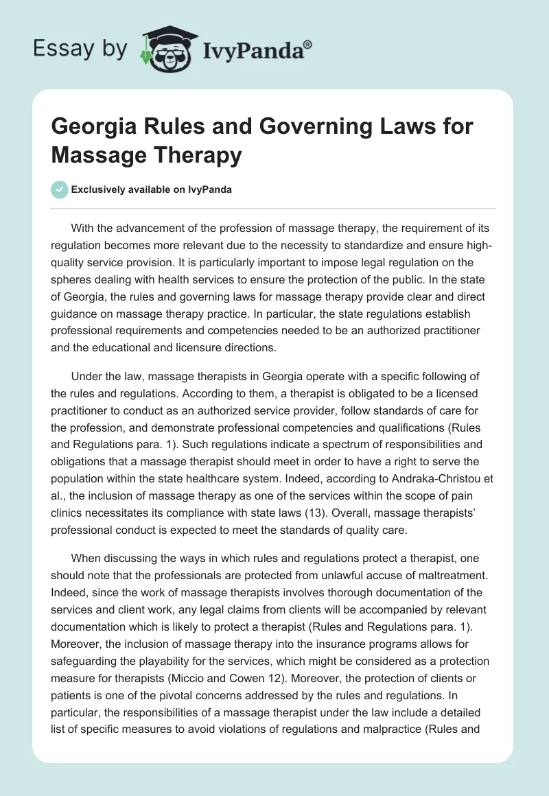 Georgia Rules and Governing Laws for Massage Therapy. Page 1