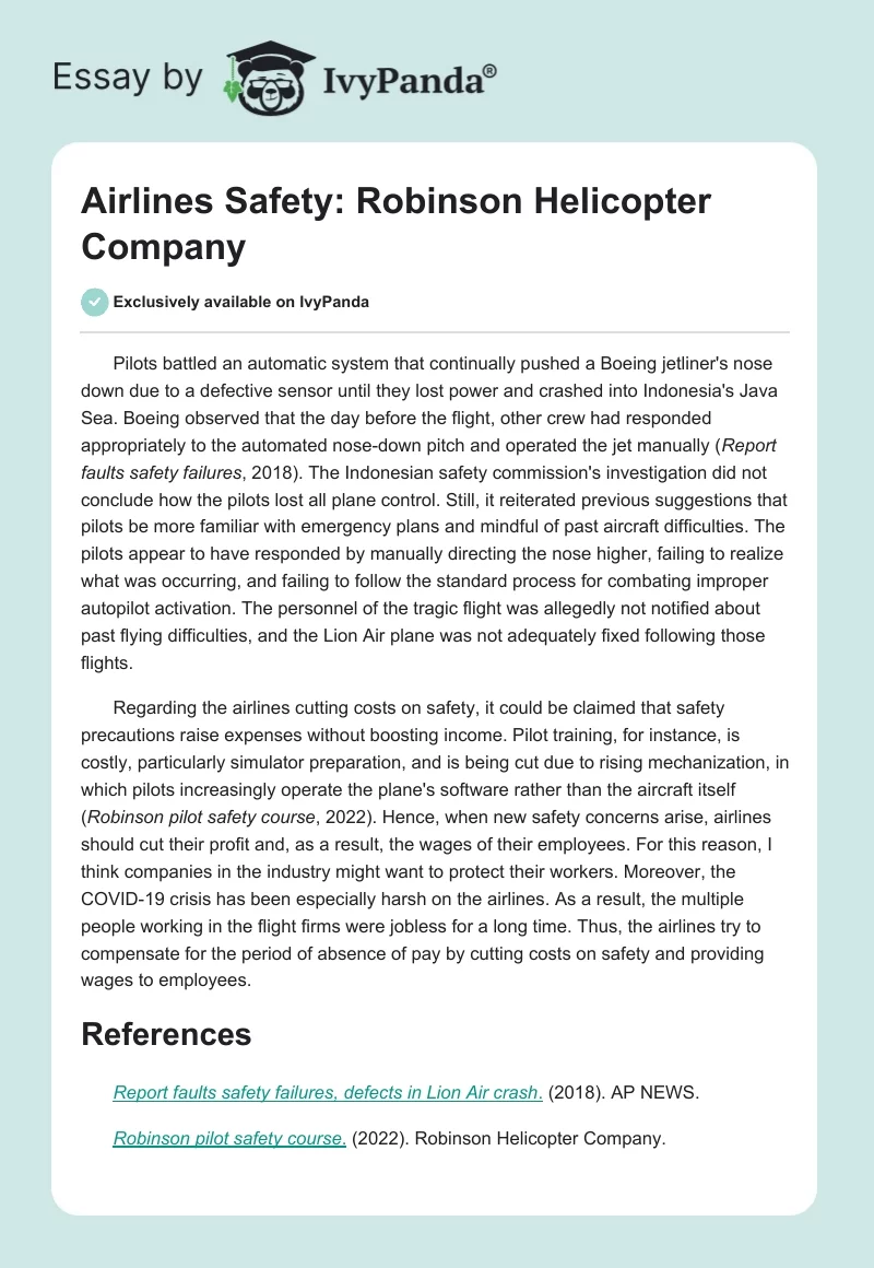 Airlines Safety: Robinson Helicopter Company. Page 1