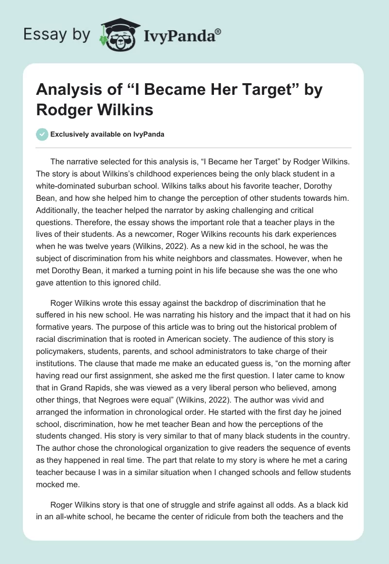 Analysis of “I Became Her Target” by Rodger Wilkins. Page 1