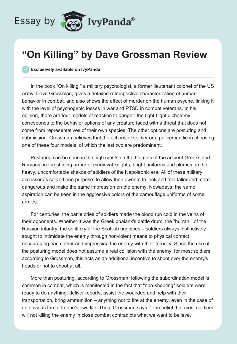 “On Killing” by Dave Grossman Review. Page 1