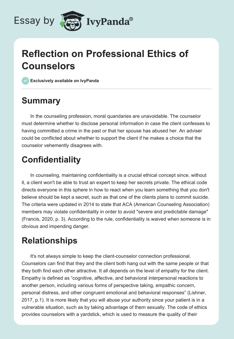 Reflection on Professional Ethics of Counselors. Page 1